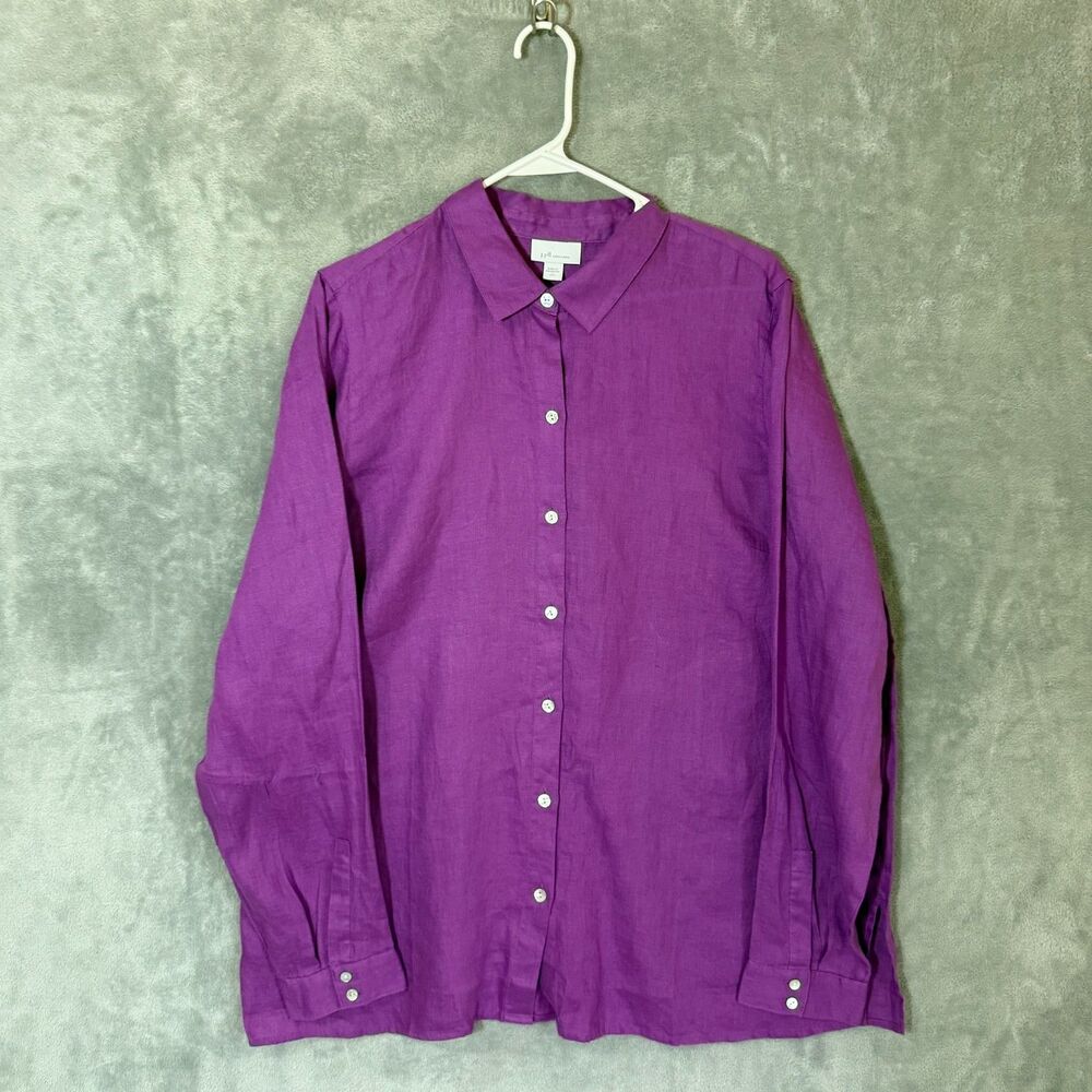 J Jill Love Linen Womens L Tall Button Down Shirt Magenta Purple Coastal Boho